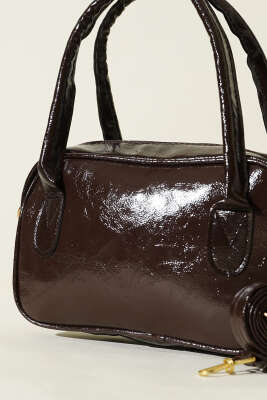 Mini Fermuarlı Rugan El Çantası Acı Kahve - Kol Çantası