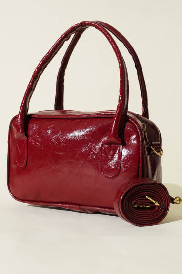 Mini Fermuarlı Rugan El Çantası Bordo - Kol Çantası