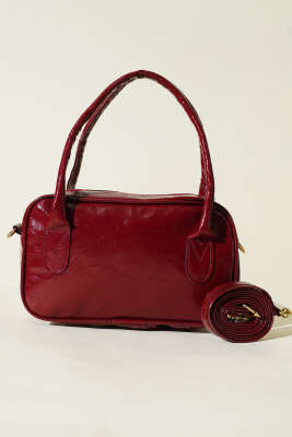 Mini Fermuarlı Rugan El Çantası Bordo - Kol Çantası