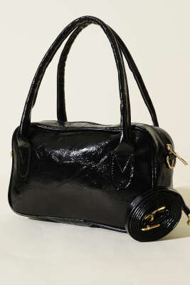 Mini Fermuarlı Rugan El Çantası Siyah - GÜZEL ÇANTA