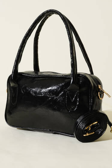 Mini Fermuarlı Rugan El Çantası Siyah - Kol Çantası