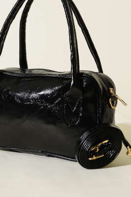 Mini Fermuarlı Rugan El Çantası Siyah - Kol Çantası