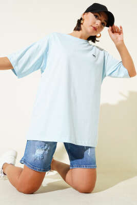 Mini Fiyonk Nakışlı T-shirt Bebe Mavi 