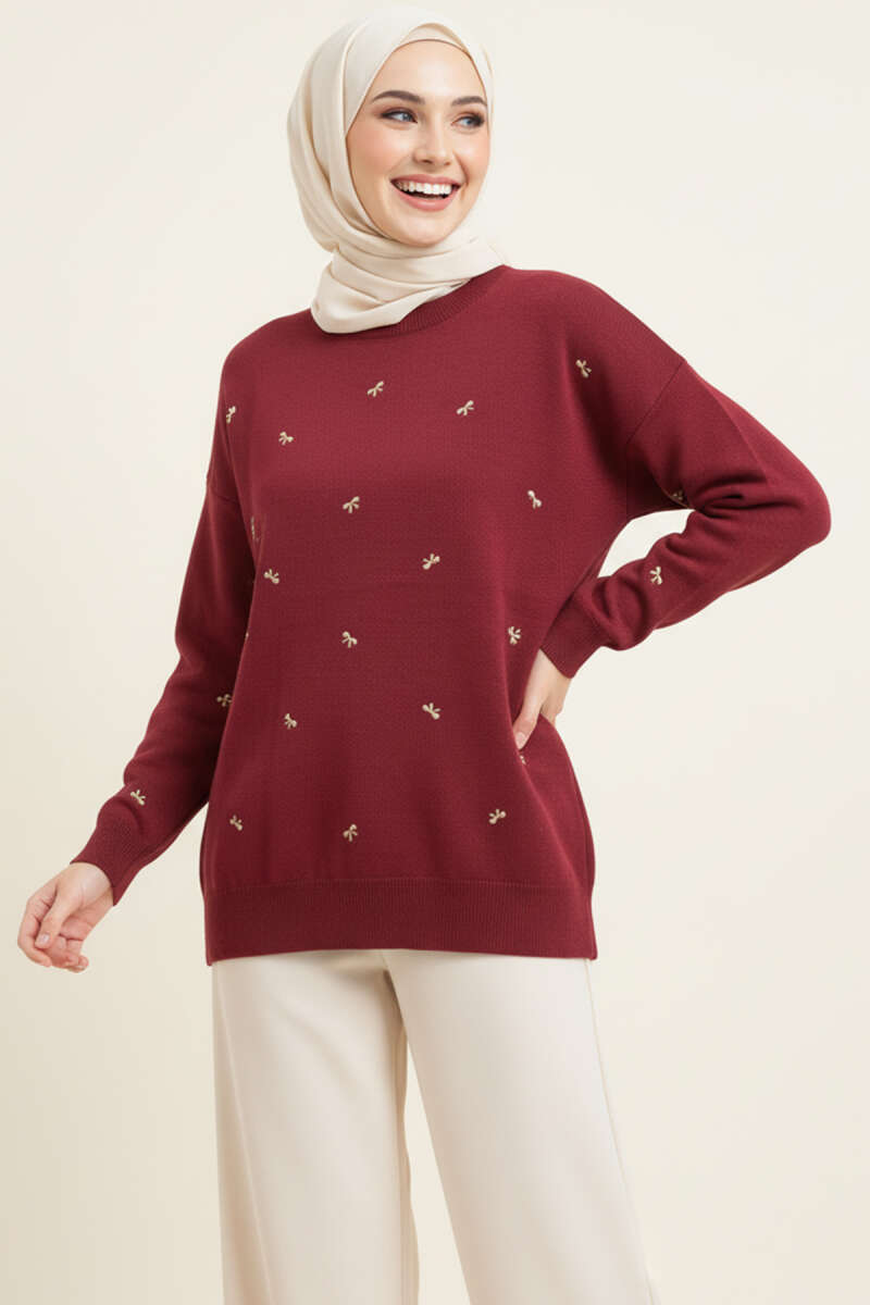 Mini Fiyonklu Triko Tunik Bordo