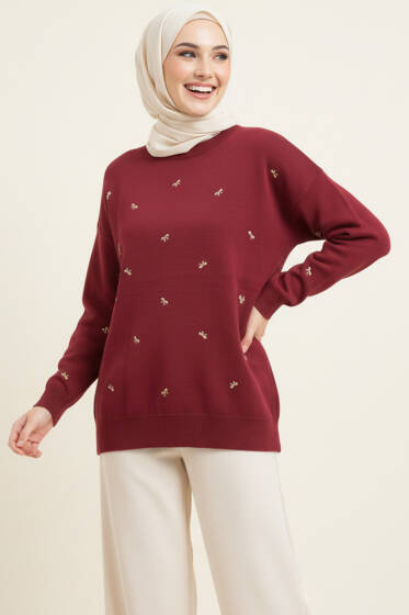 Mini Fiyonklu Triko Tunik Bordo - Tunik