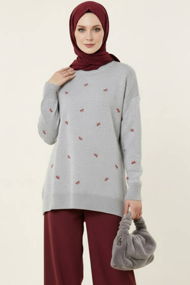 Mini Fiyonklu Triko Tunik Gri - Tunik