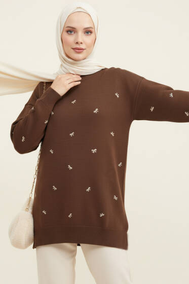 Mini Fiyonklu Triko Tunik Kahve - Tunik