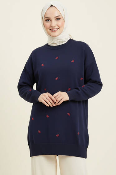 Mini Fiyonklu Triko Tunik Lacivert - Tunik