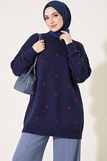 Mini Fiyonklu Triko Tunik Lacivert - Tunik