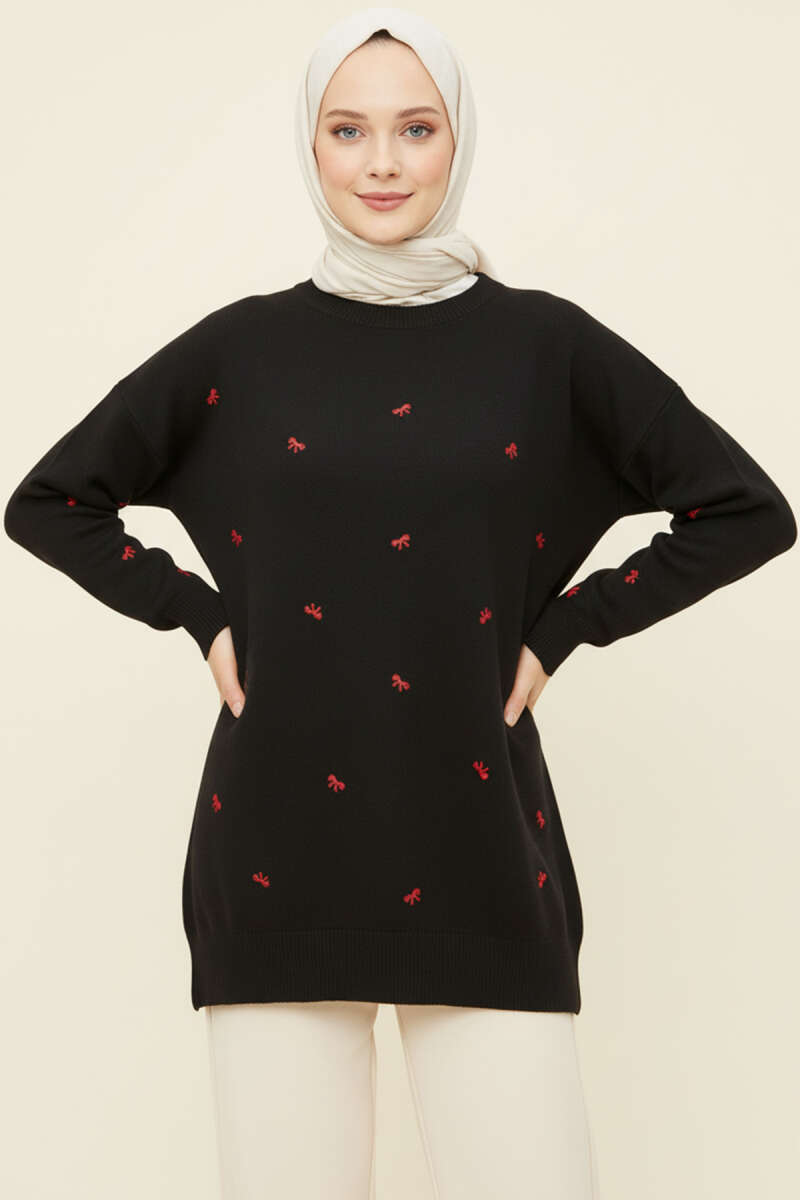 Mini Fiyonklu Triko Tunik Siyah