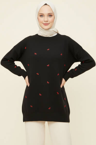 Mini Fiyonklu Triko Tunik Siyah - Tunik