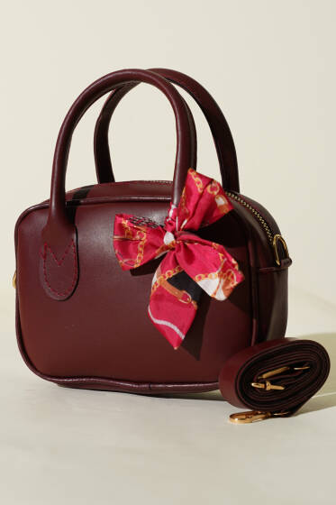 Mini Fularlı Kol Çantası Bordo - Kol Çantası