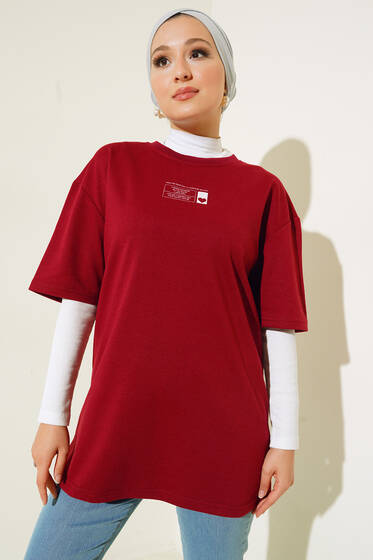 Mini Kalp Baskılı Oversize Tshirt Bordo - Tesettür T-shirt