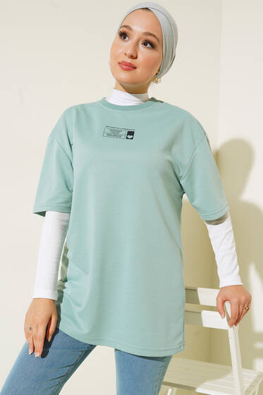 Mini Kalp Baskılı Oversize Tshirt Çağla Yeşili - Tesettür T-shirt