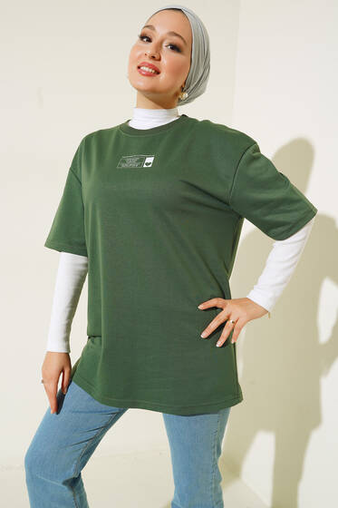 Mini Kalp Baskılı Oversize Tshirt Haki - Tesettür T-shirt