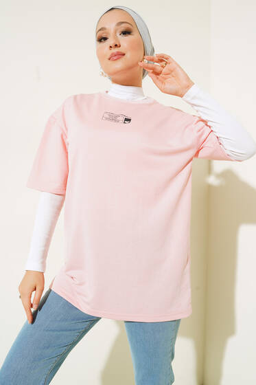 Mini Kalp Baskılı Oversize Tshirt Pudra - Tesettür T-shirt