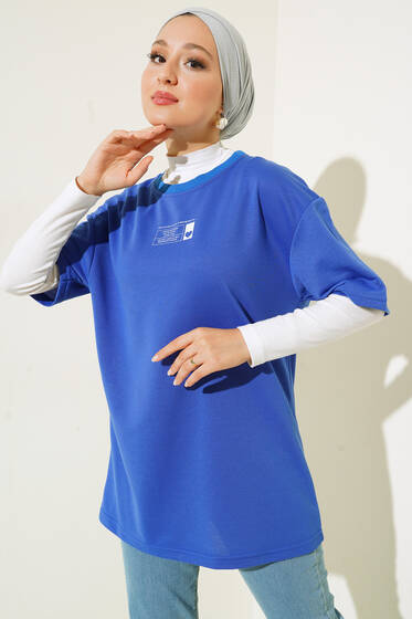 Mini Kalp Baskılı Oversize Tshirt Saks - Tesettür T-shirt