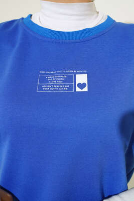 Mini Kalp Baskılı Oversize Tshirt Saks - Thumbnail