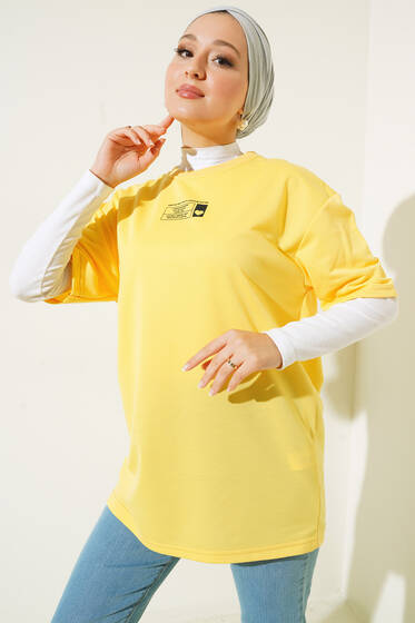 Mini Kalp Baskılı Oversize Tshirt Sarı - Tesettür T-shirt