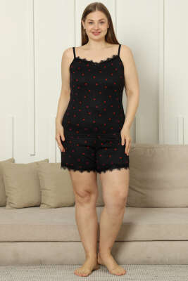 Mini Kalpli Askılı Şortlu Büyük Beden Pijama Takım Siyah Kırmızı - Kadın Pijama Takımı