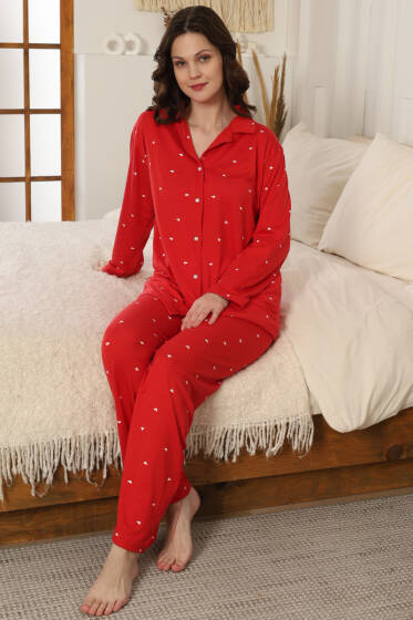 Mini Kalpli Gömlek Yaka Pijama Takımı Kırmızı - Pijama