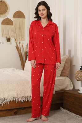 Mini Kalpli Gömlek Yaka Pijama Takımı Kırmızı - Pijama