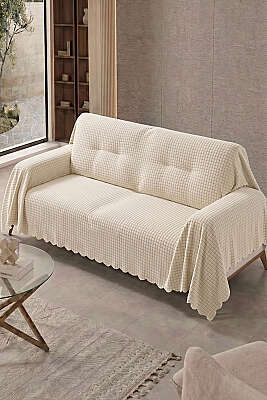 Mini kare Çizgili Polar Koltuk Örtüsü Ekru - DERYA ÇEYİZ