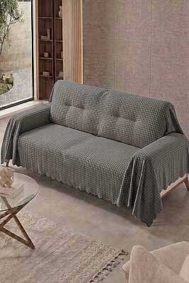 Mini kare Çizgili Polar Koltuk Örtüsü Füme - DERYA ÇEYİZ