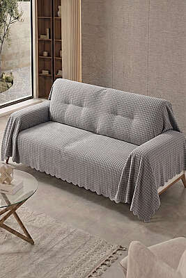 Mini kare Çizgili Polar Koltuk Örtüsü Gri - DERYA ÇEYİZ