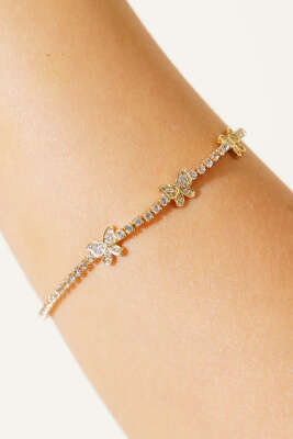 Mini Kelebekli Taşlı Bileklik Gold - Bileklik