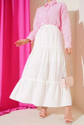 Mini Pon Pon Detaylı Etek Ekru - Uzun Etek