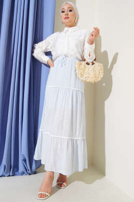 Mini Pon Pon Detaylı Etek Mavi - Uzun Etek