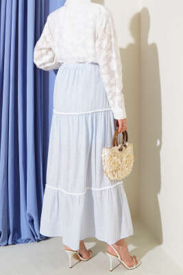 Mini Pon Pon Detaylı Etek Mavi - Uzun Etek