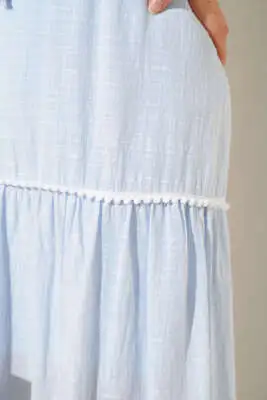 Mini Pon Pon Detaylı Etek Mavi - Uzun Etek