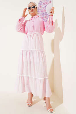 Mini Pon Pon Detaylı Etek Pembe - Uzun Etek