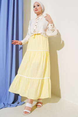 Mini Pon Pon Detaylı Etek Sarı - Uzun Etek