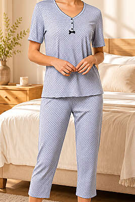 Mini Puantiyeli Fiyonk Kısa Kol Pijama Takımı Bebe Mavi - Pijama
