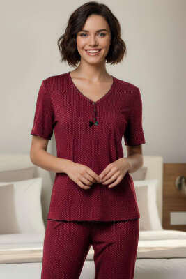 Mini Puantiyeli Fiyonk Kısa Kol Pijama Takımı Bordo - Pijama