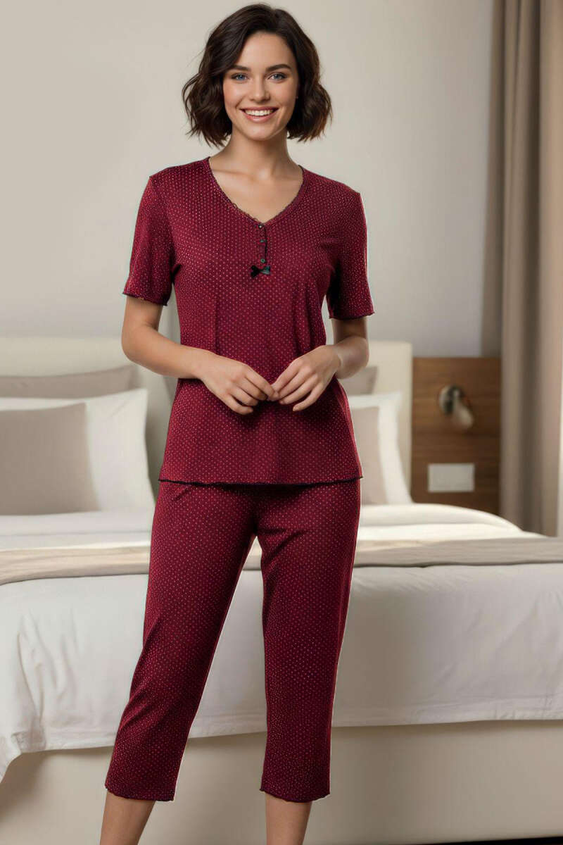 Mini Puantiyeli Fiyonk Kısa Kol Pijama Takımı Bordo