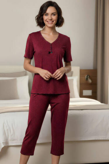 Mini Puantiyeli Fiyonk Kısa Kol Pijama Takımı Bordo - Yılın Fırsatı