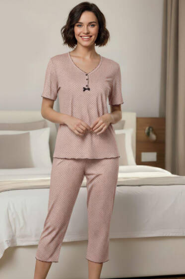 Mini Puantiyeli Fiyonk Kısa Kol Pijama Takımı Yavru Ağzı - Yılın Fırsatı