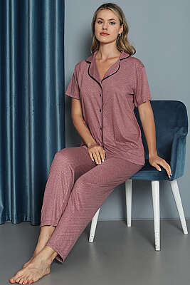 Mini Puantiyeli Kısa Kol Pijama Takımı Gül Kurusu 