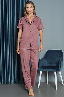 Mini Puantiyeli Kısa Kol Pijama Takımı Gül Kurusu - Pijama