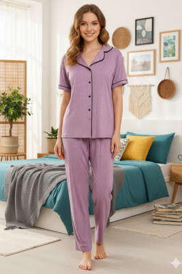 Mini Puantiyeli Kısa Kol Pijama Takımı Leylak 