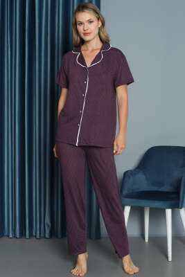 Mini Puantiyeli Kısa Kol Pijama Takımı Mürdüm - Kadın Pijama Takımı