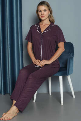 Mini Puantiyeli Kısa Kol Pijama Takımı Mürdüm 