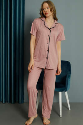 Mini Puantiyeli Kısa Kol Pijama Takımı Pudra - Kadın Pijama Takımı