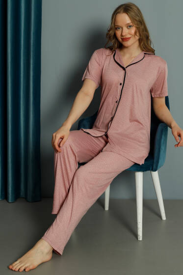 Mini Puantiyeli Kısa Kol Pijama Takımı Pudra - Kadın Pijama Takımı