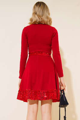 Mini Pul Detaylı Kloş Elbise Kırmızı - Thumbnail