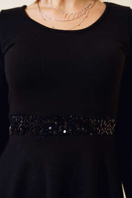 Mini Pul Detaylı Kloş Elbise Siyah - Thumbnail